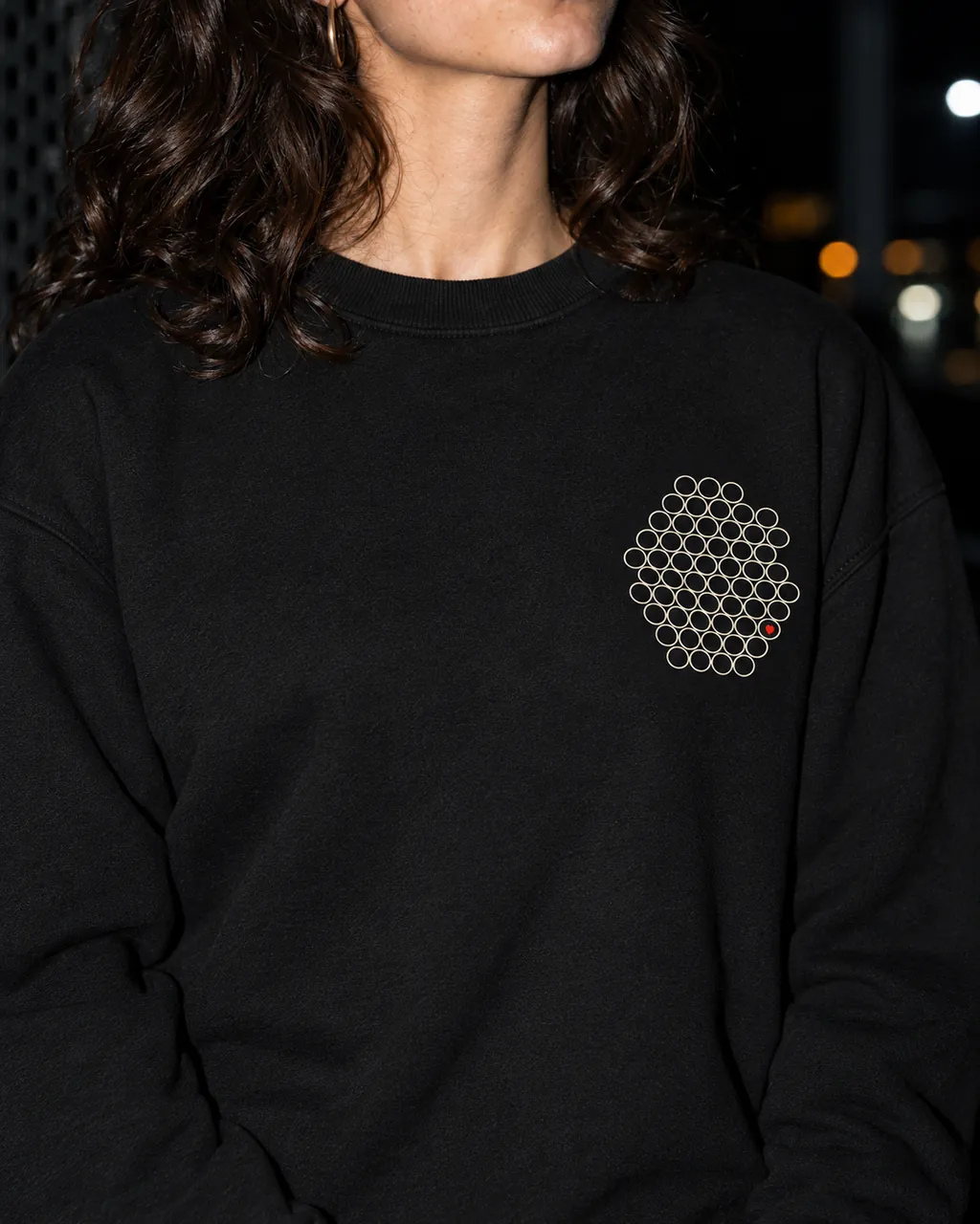 Gözenek Premium Siyah Sweatshirt: göğüsteki baskı yakından, gece delikli metal bir cephenin önünde